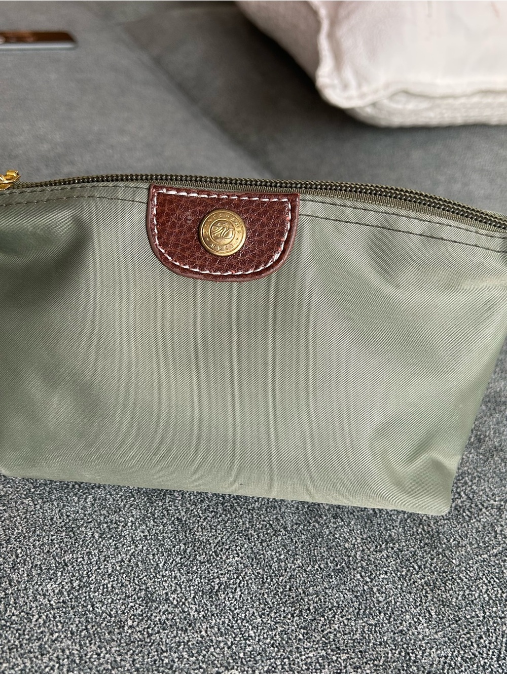 Vintage/Discontinued Longchamp Paris Zip Pouch in Olive Green with Brown Trim